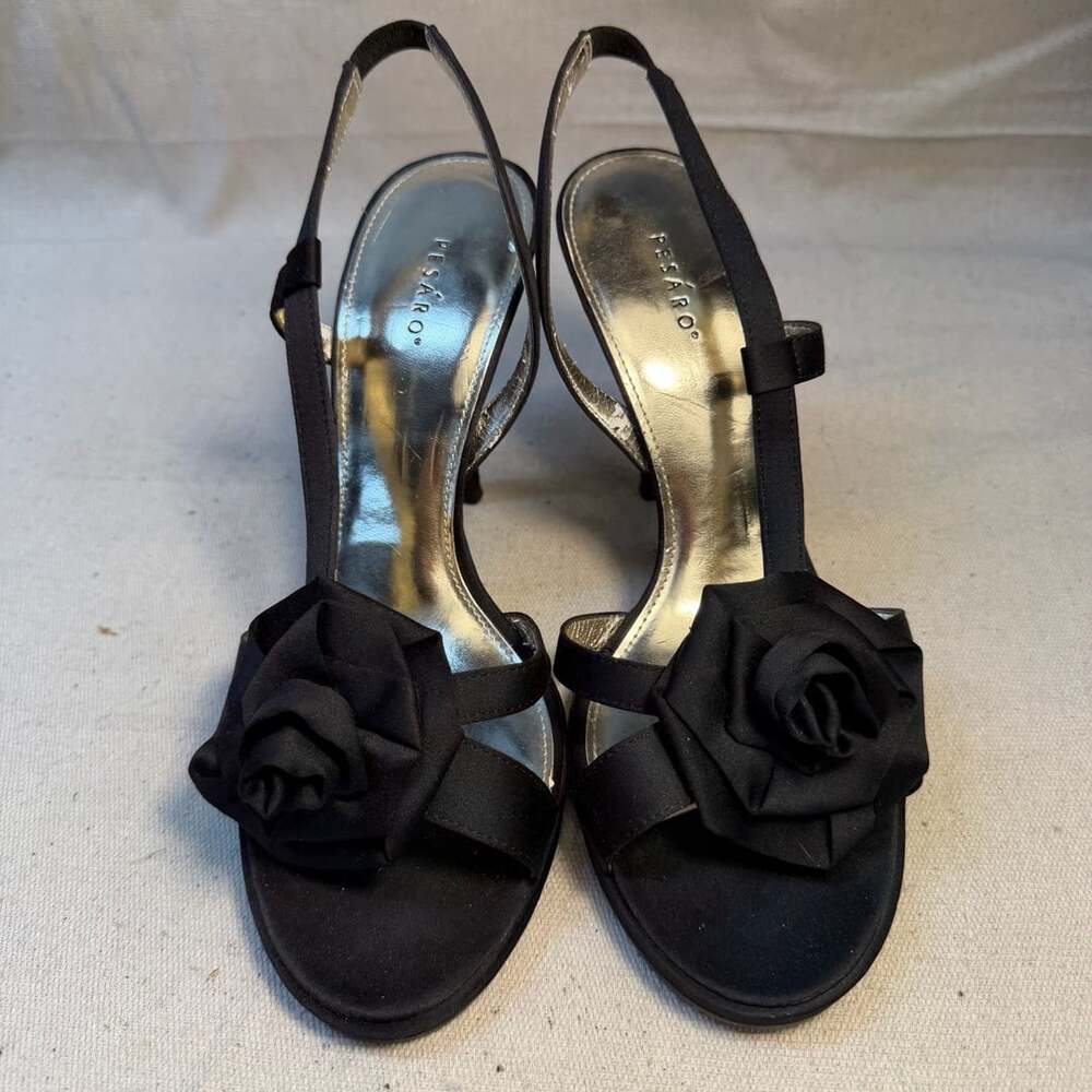 Pesaro Black Satin Slingback Heels Size 9 Rose Floral Open Toe